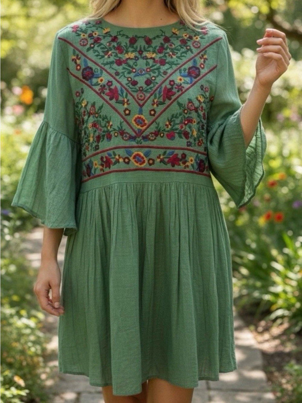 Umgee Green Embroidered Boho Dress with Floral Accents Beach Resort Sz S